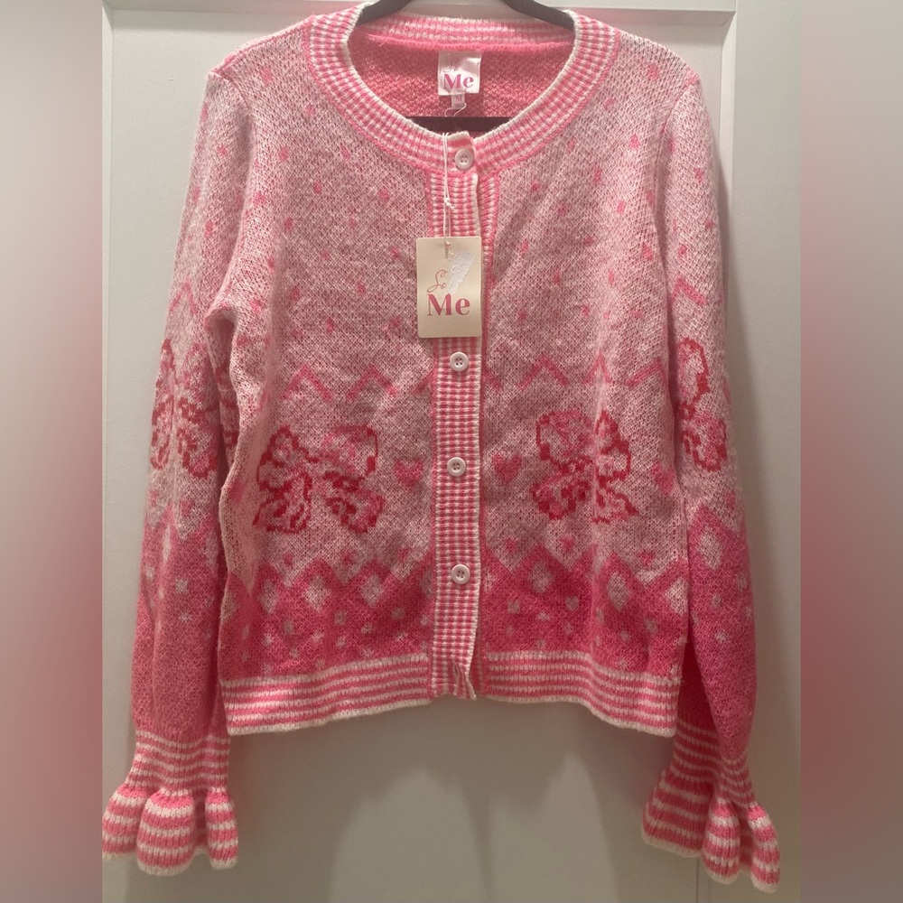 So Me Pink White Ruffle Bow Button Front Soft Pastel Cardigan Sweater Medium - Picture 8 of 8